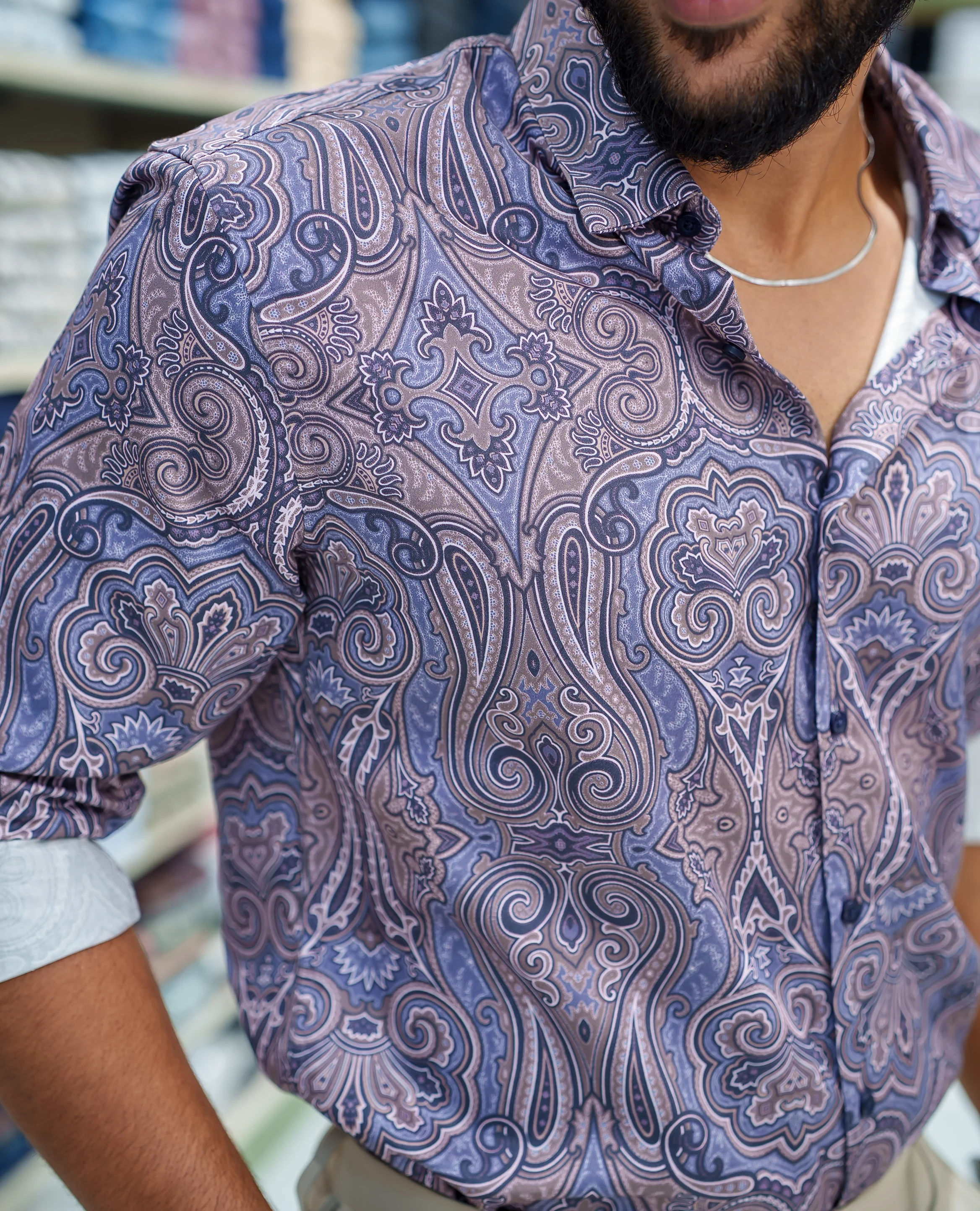 Blue Cotton Blended Casual Shirt, Meticulously Crafted with Mughal-Style Intricate Prints, Featuring a Spread Collar, Full Sleeves, Slim Fit, and Regular Length - Image 4