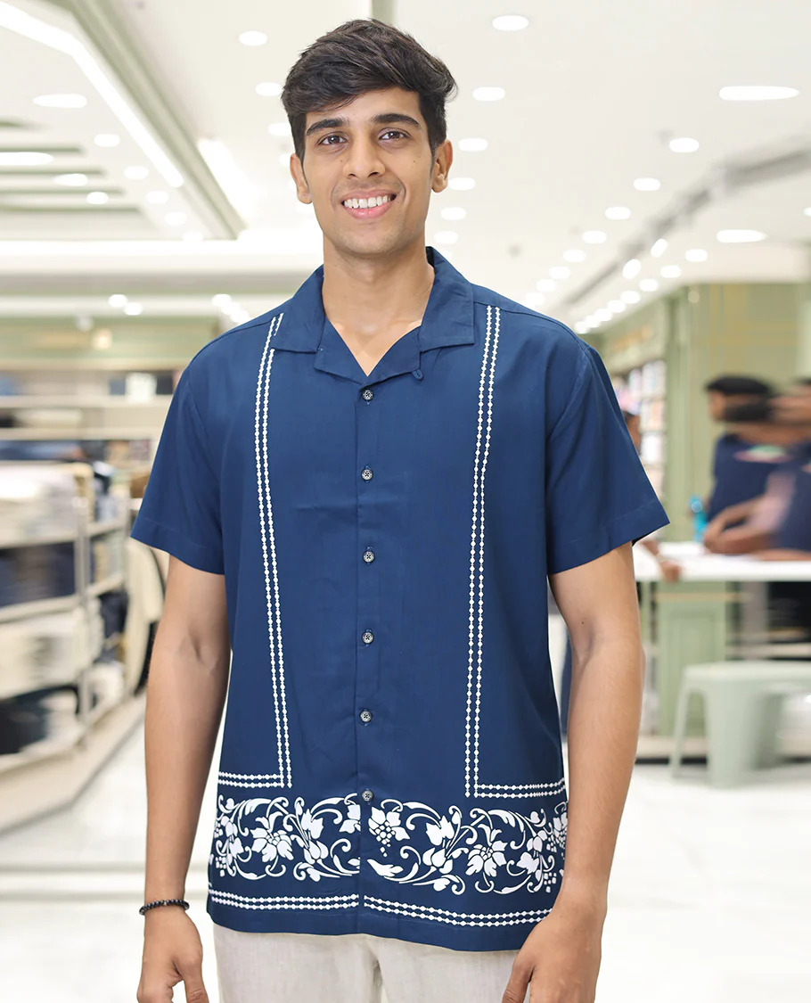 Blue Cotton-Blended Casual Shirt, Subtly Designed with Floral-Theme Prints, Comes with a Cuban Collar, Half-Sleeves, Regular Fit, and Regular Length - Image 2