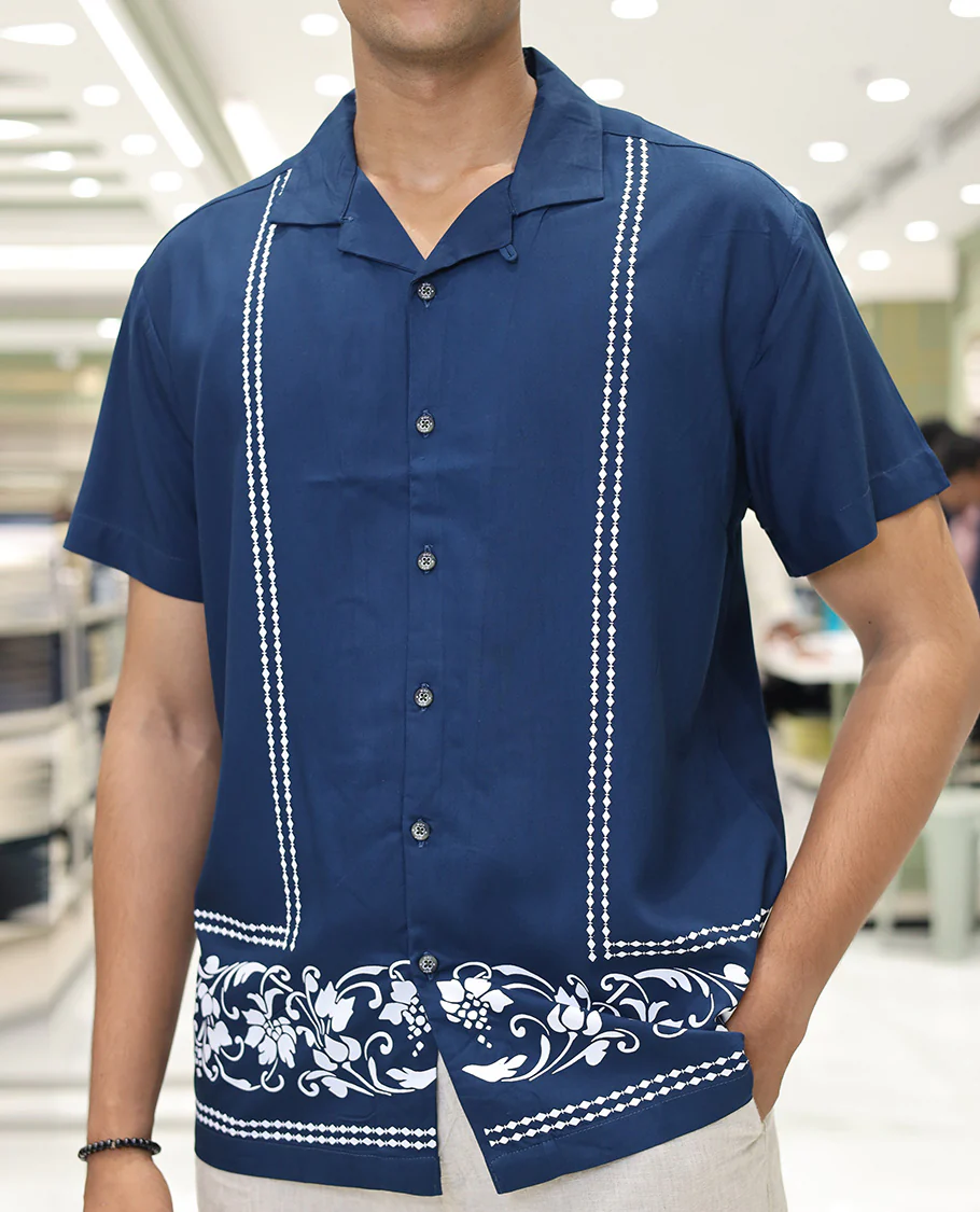Blue Cotton-Blended Casual Shirt, Subtly Designed with Floral-Theme Prints, Comes with a Cuban Collar, Half-Sleeves, Regular Fit, and Regular Length - Image 3