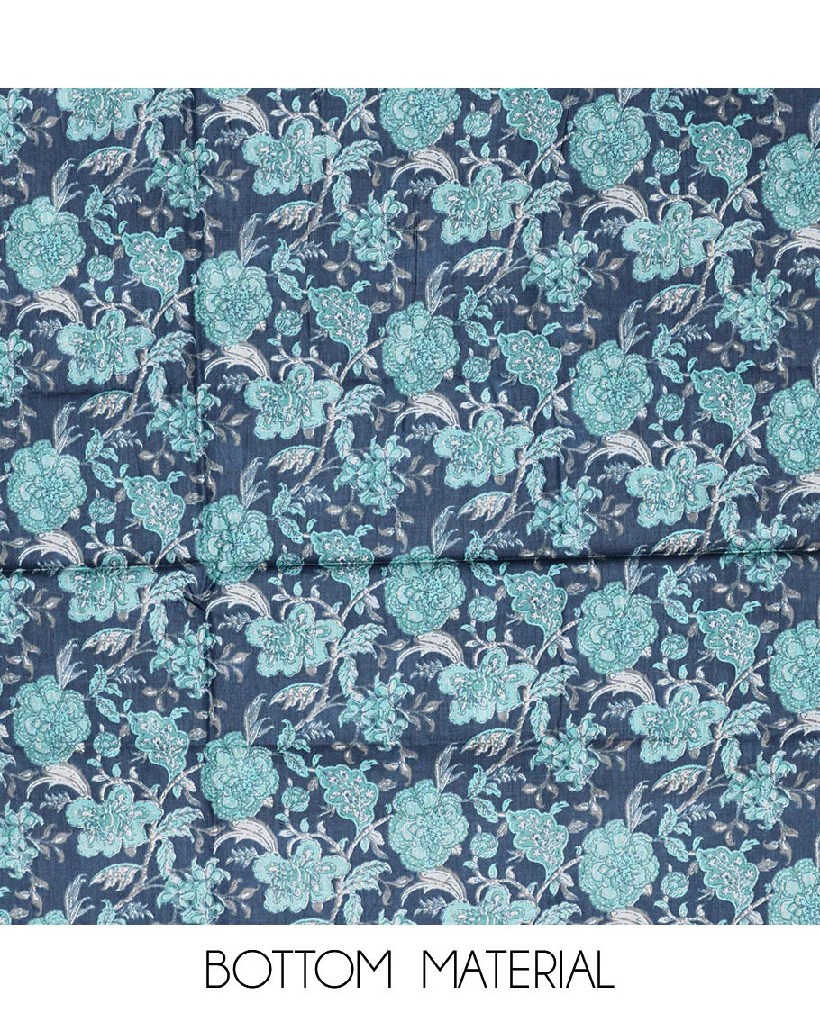 Blue Cotton Material Chudidar Set, Adorned with Floral Motifs Block Print, and Neck Embroidery on Its Cotton Top, a Floral Printed Bottom, and Paired with Chevron Printed Cotton Dupatta - Image 3
