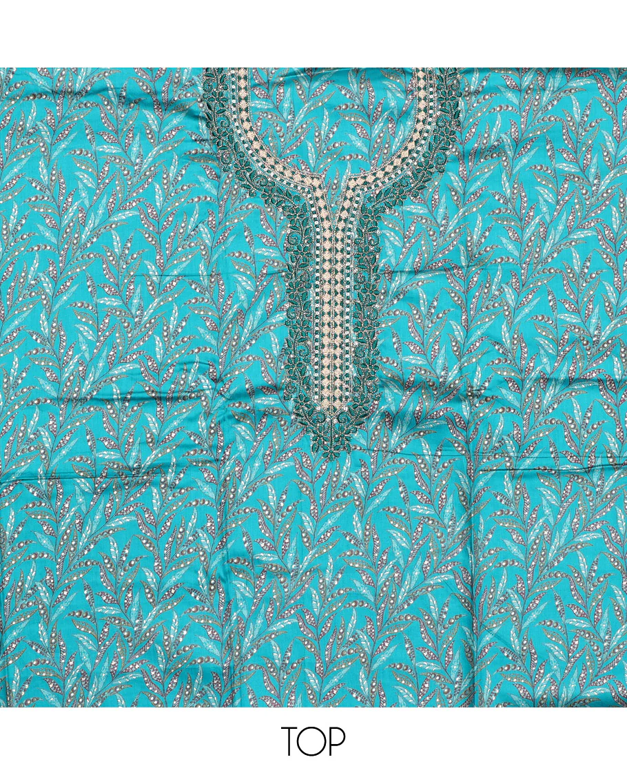 Blue Cotton Material Chudidar Set, Beautified with Leaf Motifs Print, and Embroidery on Its Cotton Top, a Plain Cotton Bottom, and Paired with Sequins Striped Dupatta - Image 2
