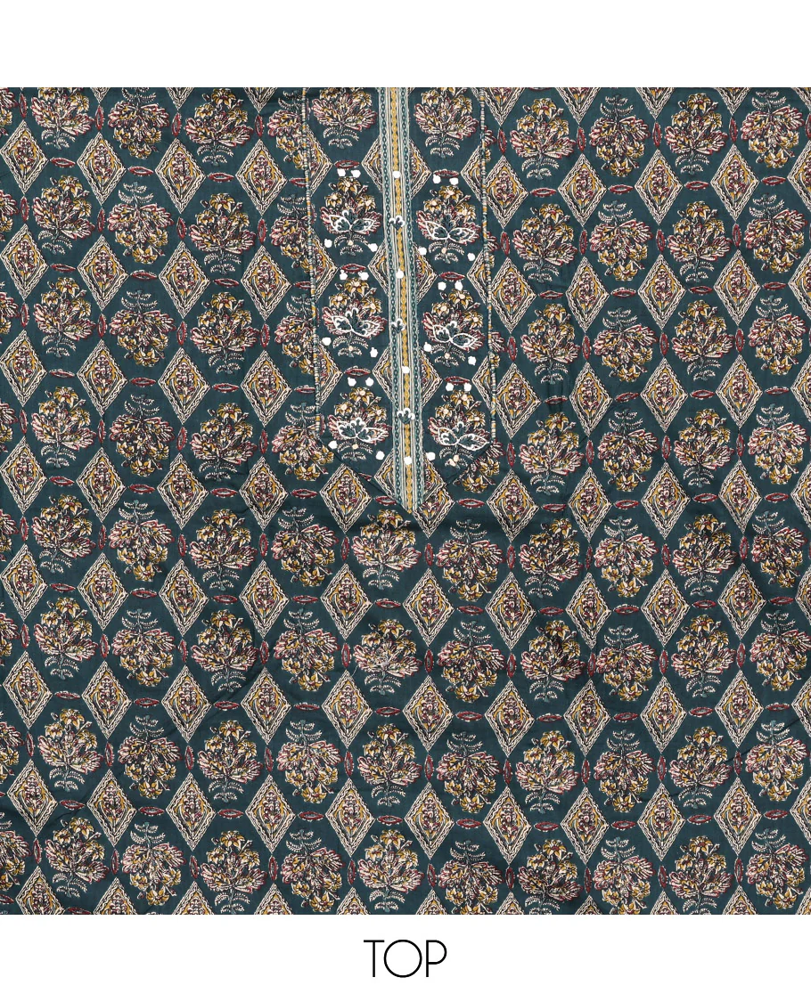 Blue Cotton Material Chudidar Set, Elevated with Intricate Motifs Print, and Embroidery on Its Cotton Top, a Geometric Printed Cotton Bottom, and Paired with Printed Cotton Dupatta - Image 2