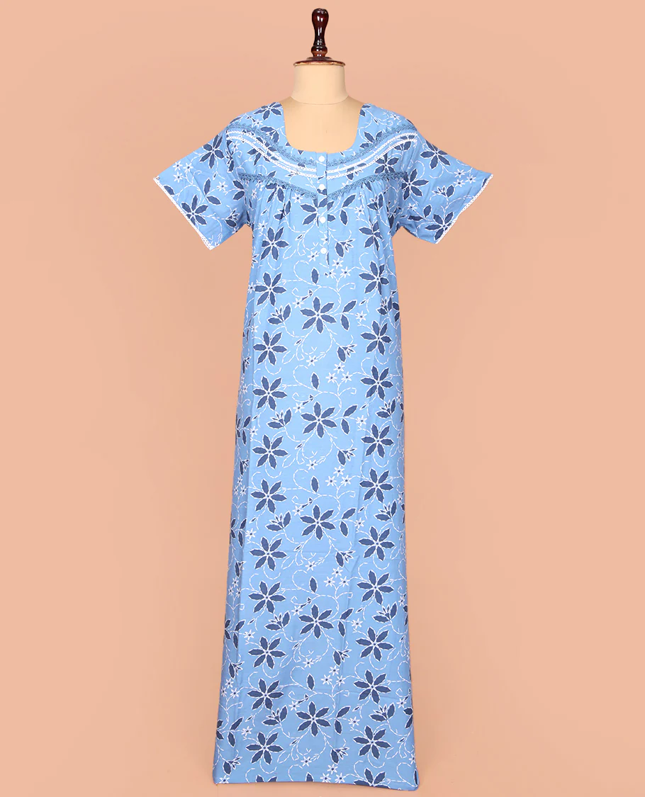 Blue Cotton Nighty Adorned with Floral Print, Featuring Lace Work, Round Front Neck, and Half Sleeves - Image 2