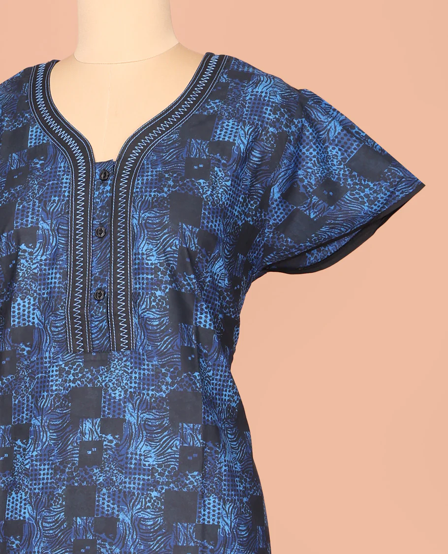 Blue Cotton Nighty Delicately Printed with Floral-Geometric, Featuring Lace Work, Unique Front Neck, and Half Sleeves