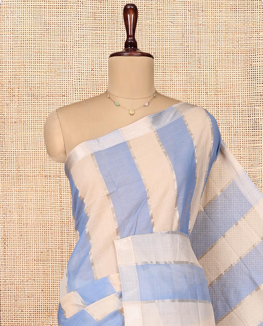 Blue-Cream Mangalgiri Cotton Saree, Subtly Sparkled with Stripes on Its Body, Highlighted by Zari Temple Border, Zari-Striped Pallu, and Paired with a Matching Blouse - Image 2