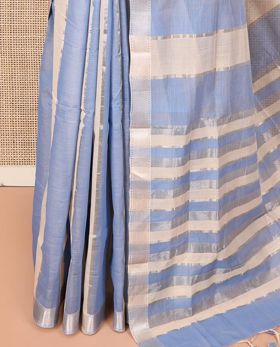Blue-Cream Mangalgiri Cotton Saree, Subtly Sparkled with Stripes on Its Body, Highlighted by Zari Temple Border, Zari-Striped Pallu, and Paired with a Matching Blouse - Image 3