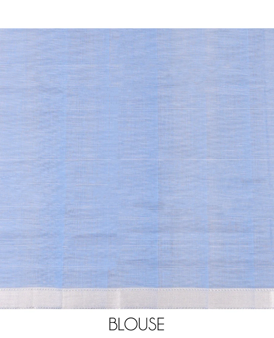 Blue-Cream Mangalgiri Cotton Saree, Subtly Sparkled with Stripes on Its Body, Highlighted by Zari Temple Border, Zari-Striped Pallu, and Paired with a Matching Blouse - Image 4