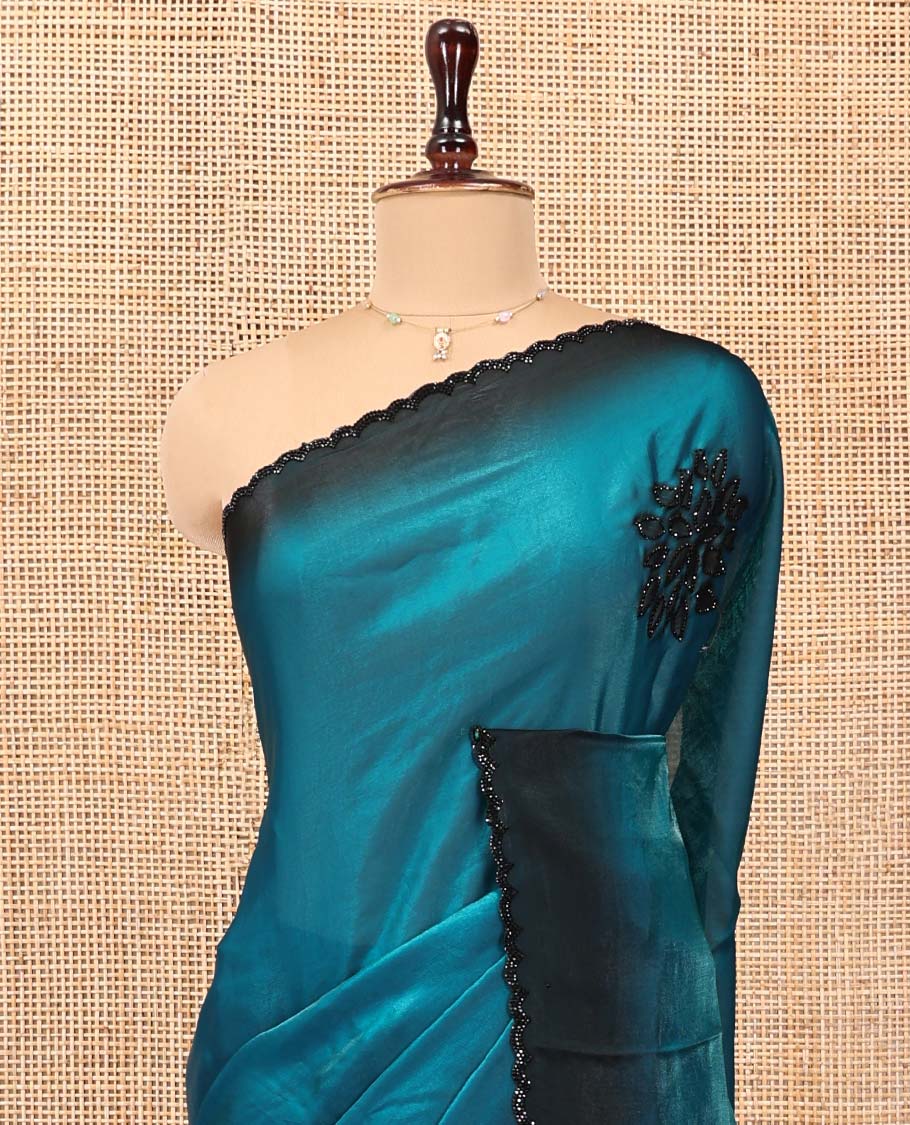 Blue Designer Saree, Accentuated with Floral Print and Outline Stone Work All Over Its Body, Scallop Embroidered Border, and Paired with a Matching Blouse - Image 2