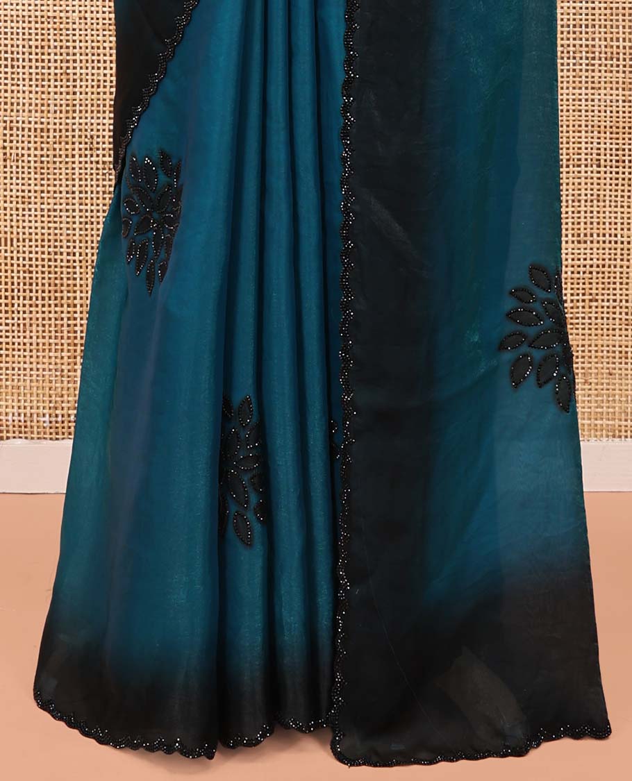 Blue Designer Saree, Accentuated with Floral Print and Outline Stone Work All Over Its Body, Scallop Embroidered Border, and Paired with a Matching Blouse - Image 4