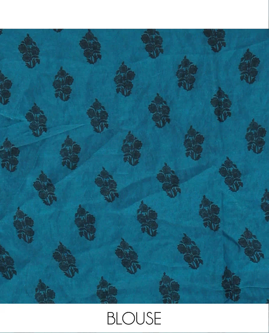 Blue Designer Saree, Accentuated with Floral Print and Outline Stone Work All Over Its Body, Scallop Embroidered Border, and Paired with a Matching Blouse - Image 5