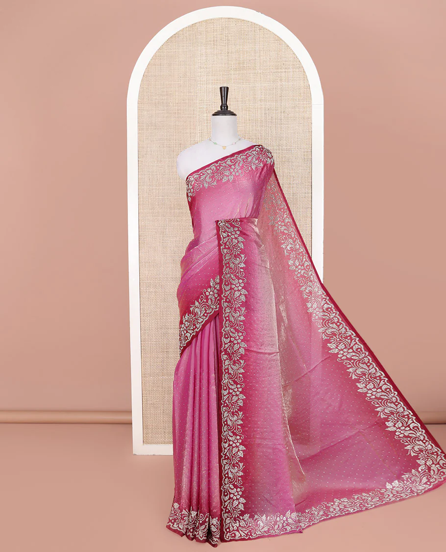 Purple Designer Saree, Accentuated with Stone Struck on Its Body, Complemented by a Contrast Floral Design Stone Work Border, Pallu of Stone Work, and Paired with a Contrast Blouse
