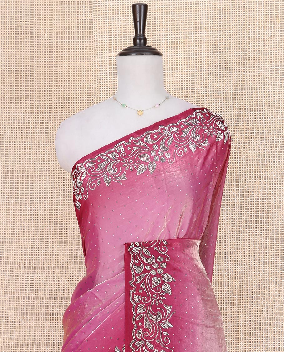 Purple Designer Saree, Accentuated with Stone Struck on Its Body, Complemented by a Contrast Floral Design Stone Work Border, Pallu of Stone Work, and Paired with a Contrast Blouse - Image 2