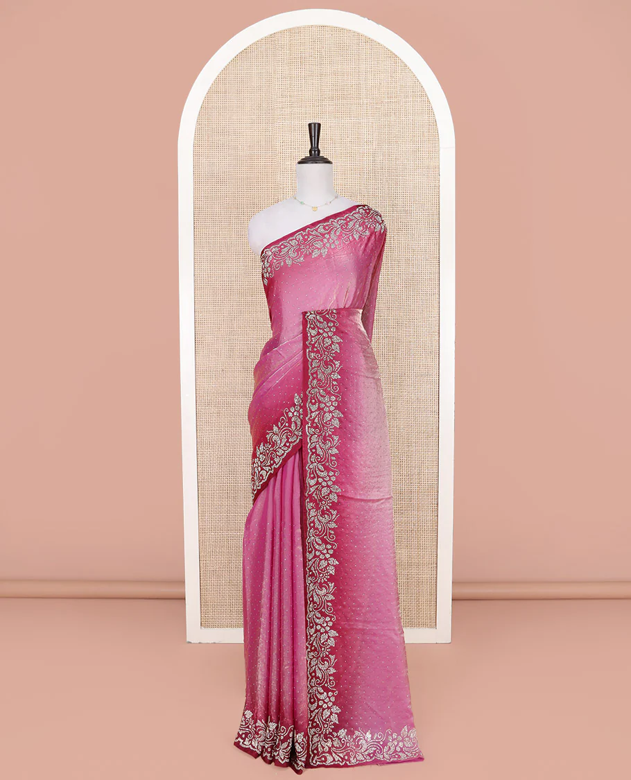 Purple Designer Saree, Accentuated with Stone Struck on Its Body, Complemented by a Contrast Floral Design Stone Work Border, Pallu of Stone Work, and Paired with a Contrast Blouse - Image 3