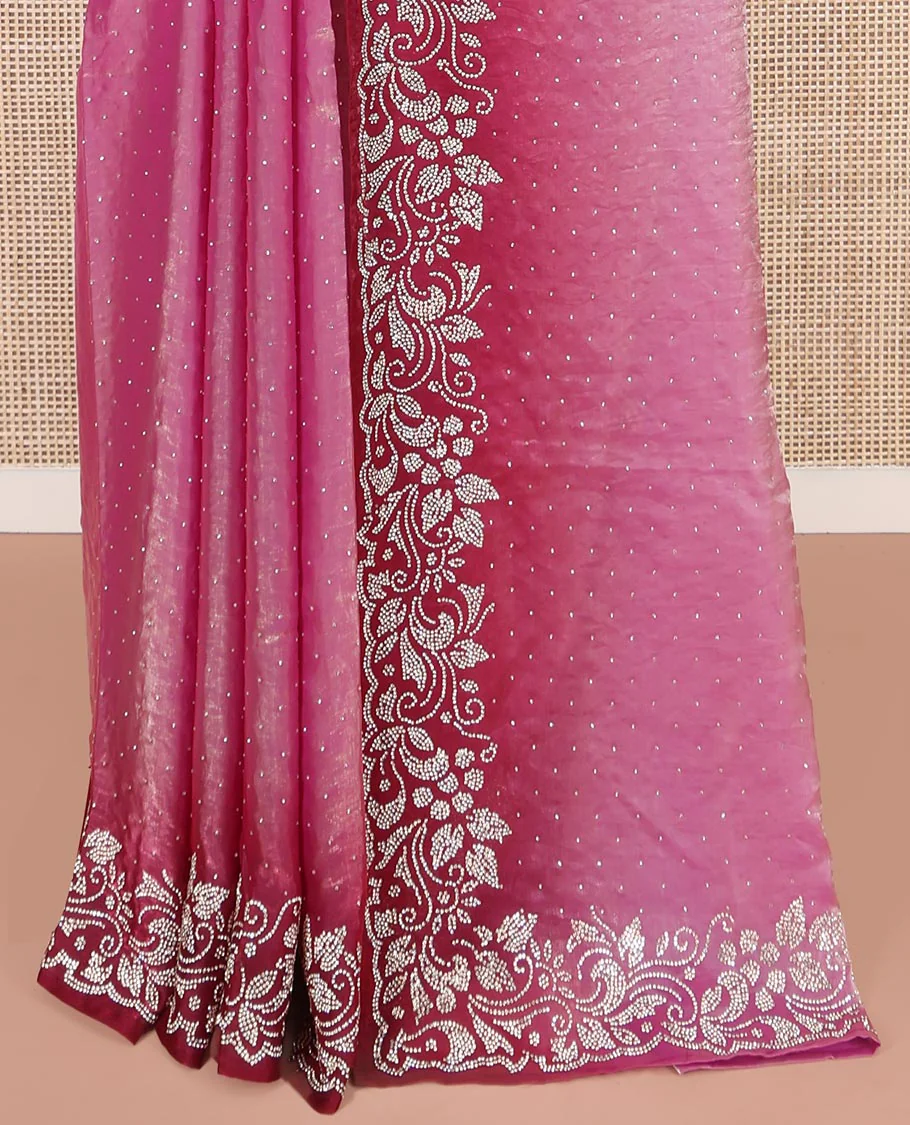 Purple Designer Saree, Accentuated with Stone Struck on Its Body, Complemented by a Contrast Floral Design Stone Work Border, Pallu of Stone Work, and Paired with a Contrast Blouse - Image 4