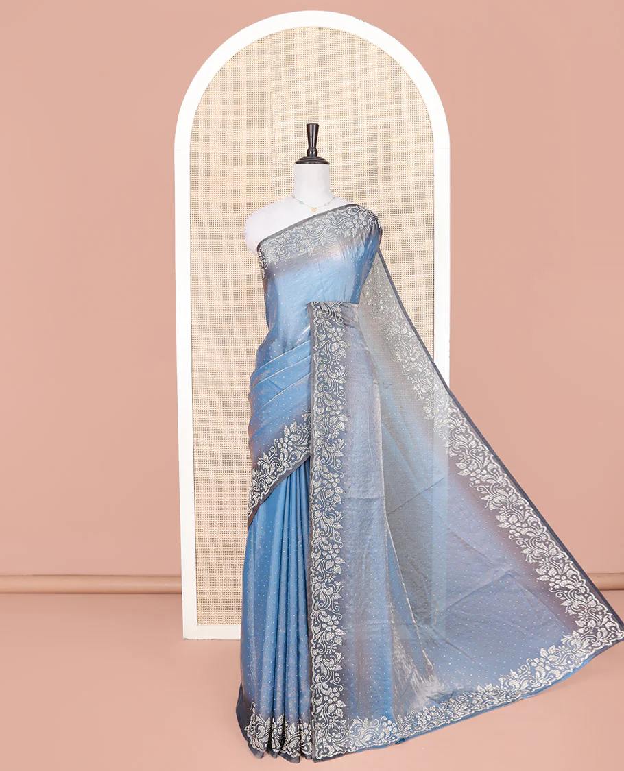 Blue Designer Saree, Charmingly Accented with Stone Struck on Its Body, Complemented by a Contrast Floral Design Stone Work Border, Pallu of Stone Work, and Paired with a Contrast Blouse