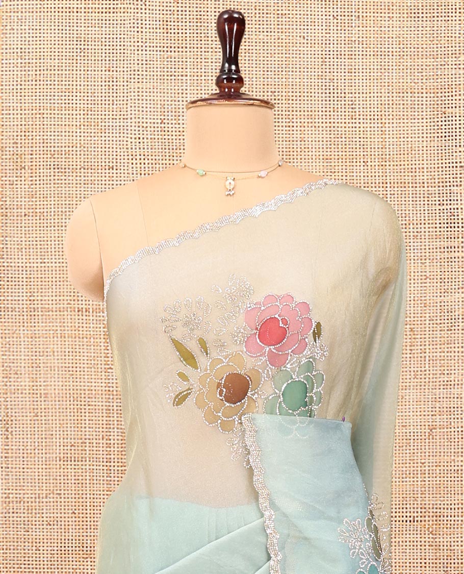 Blue Designer Saree, Creatively Designed with Floral Print and Outline Embroidery On Its Body, Scallop Stone Work Border, and Paired with a Matching Blouse - Image 2