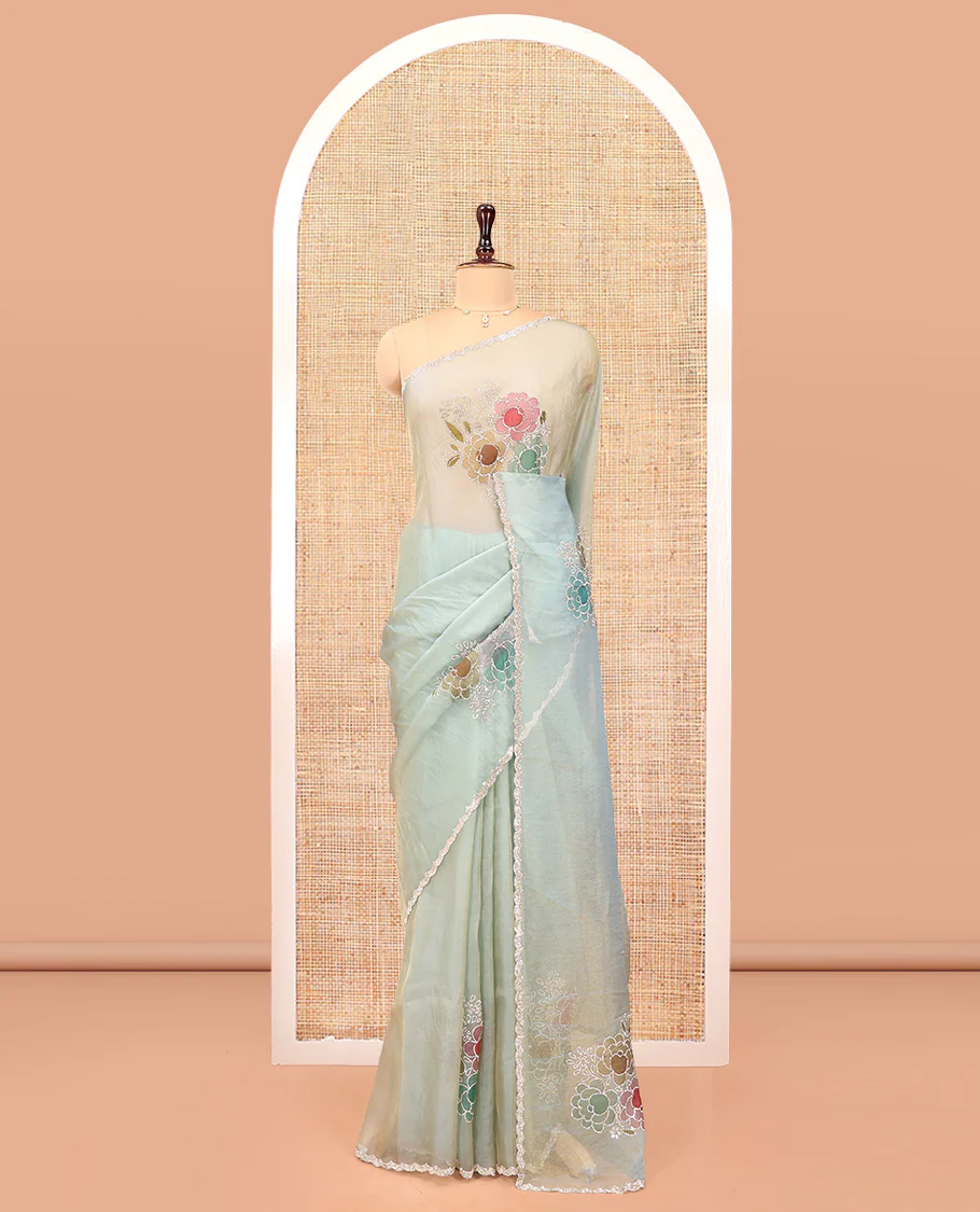 Blue Designer Saree, Creatively Designed with Floral Print and Outline Embroidery On Its Body, Scallop Stone Work Border, and Paired with a Matching Blouse - Image 3