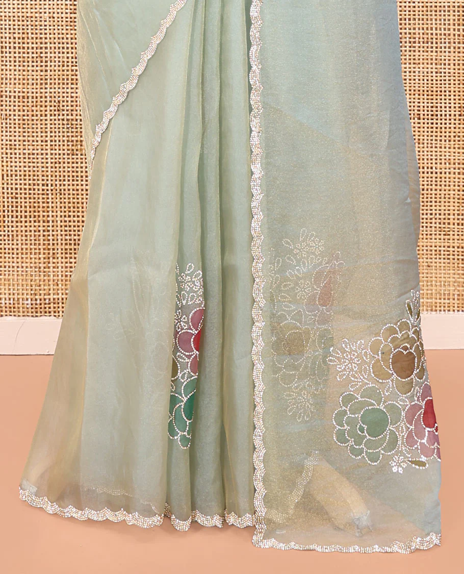 Blue Designer Saree, Creatively Designed with Floral Print and Outline Embroidery On Its Body, Scallop Stone Work Border, and Paired with a Matching Blouse - Image 4