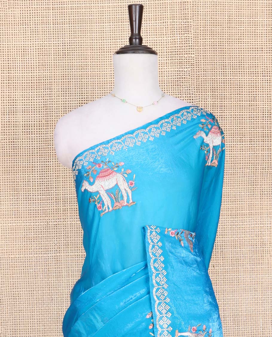 Blue Designer Saree, Finely Crafted with Camel Embroidered Buttas on Its Body, Subtle Scallop Stone Work Border, Self-Pallu of Camel Embroidery Buttas, and Paired with a Matching Blouse - Image 2