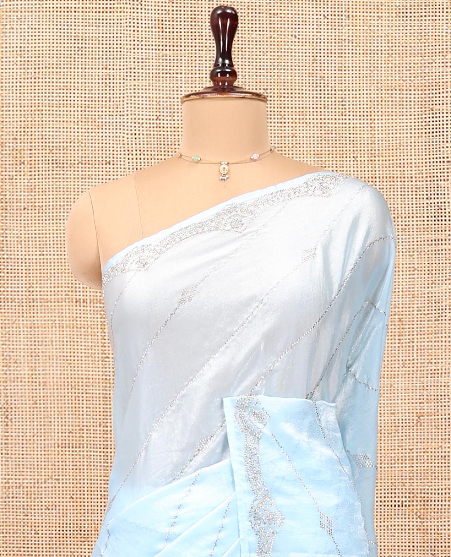 Blue Designer Saree, Finely Crafted with Stone Lines Running Diagonally Throughout Its Body, Scallop Embroidered Border, Pallu of Stone Embroidery and Paired with a Matching Blouse - Image 2