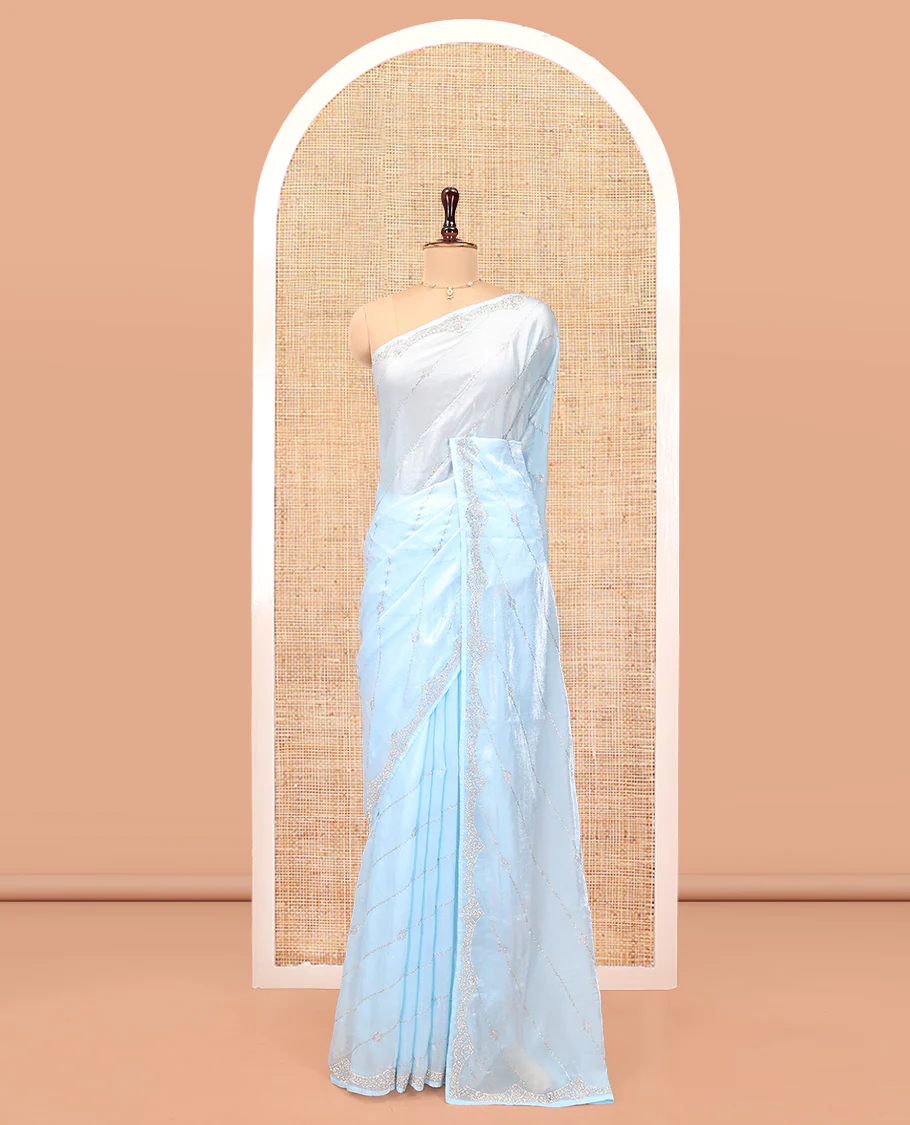 Blue Designer Saree, Finely Crafted with Stone Lines Running Diagonally Throughout Its Body, Scallop Embroidered Border, Pallu of Stone Embroidery and Paired with a Matching Blouse - Image 3