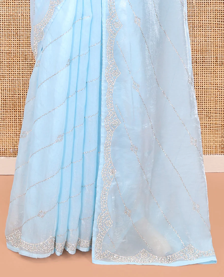 Blue Designer Saree, Finely Crafted with Stone Lines Running Diagonally Throughout Its Body, Scallop Embroidered Border, Pallu of Stone Embroidery and Paired with a Matching Blouse - Image 4