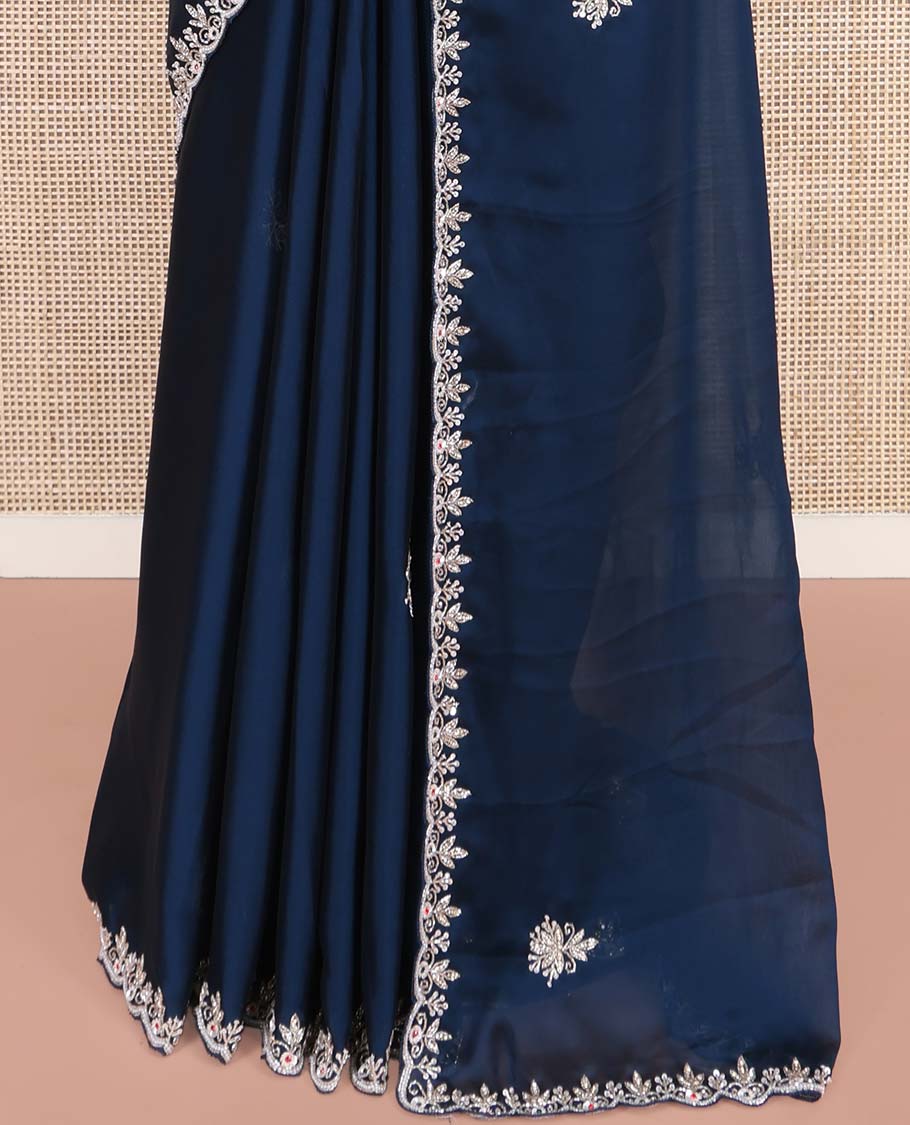 Blue Designer Saree, Mesmerized with Stone Embroidered Buttas on Its Body, Highlighted by Scallop Stone Work Border, Self-Pallu, and Paired with a Matching Embroidered Blouse - Image 4