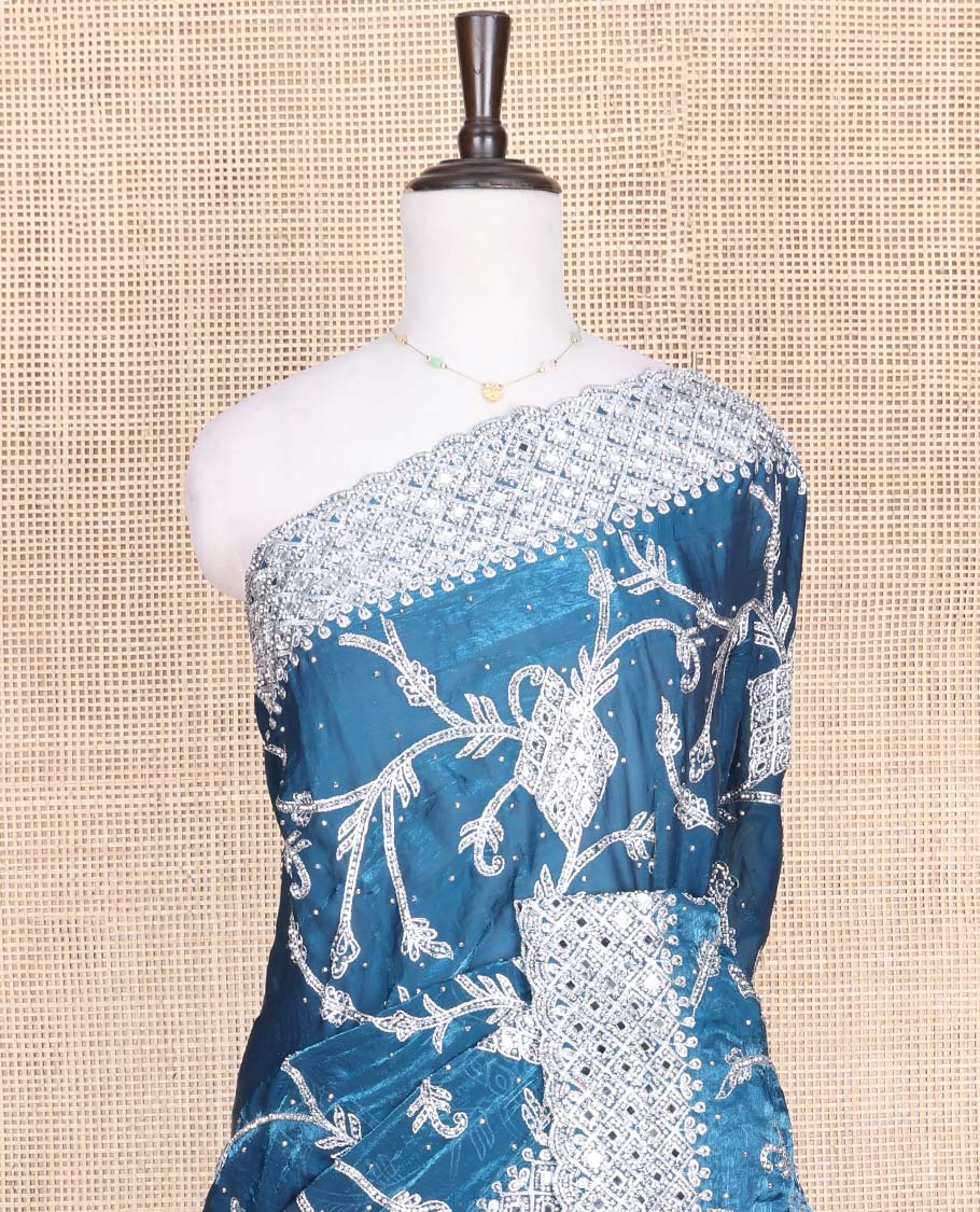 Blue Designer Saree, Richly Detailed with Floral-Jaal Style Mixed Embroidery on Its Body, Highlighted by Jaal-Patterned Scallop Embroidered Border, Self-Design Pallu, and Paired with a Heavy Embroidered Matching Blouse - Image 2