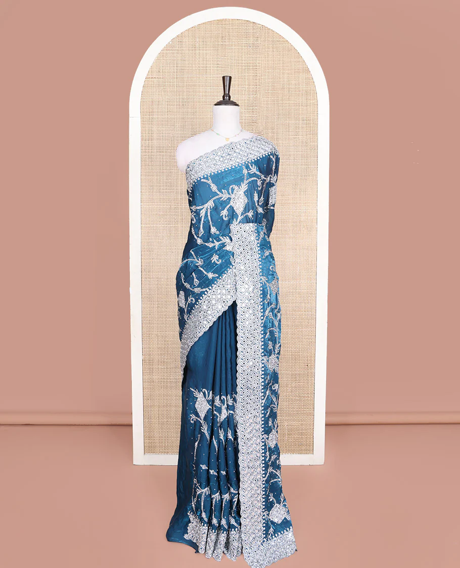 Blue Designer Saree, Richly Detailed with Floral-Jaal Style Mixed Embroidery on Its Body, Highlighted by Jaal-Patterned Scallop Embroidered Border, Self-Design Pallu, and Paired with a Heavy Embroidered Matching Blouse - Image 3