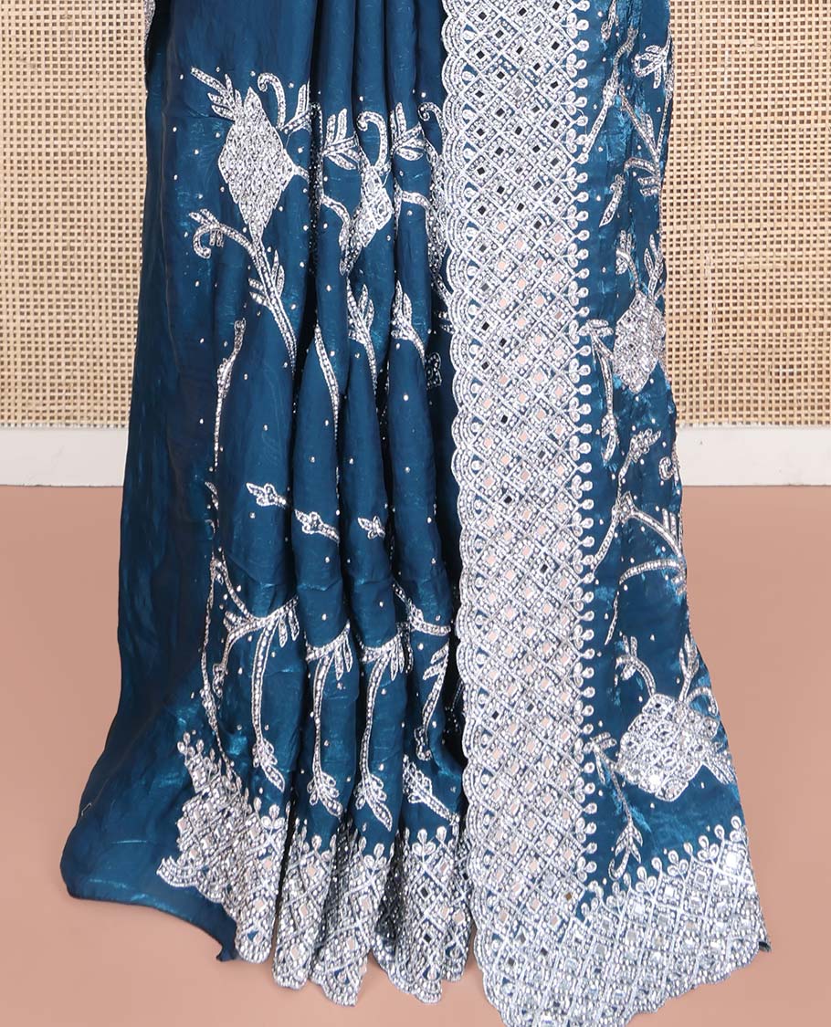 Blue Designer Saree, Richly Detailed with Floral-Jaal Style Mixed Embroidery on Its Body, Highlighted by Jaal-Patterned Scallop Embroidered Border, Self-Design Pallu, and Paired with a Heavy Embroidered Matching Blouse - Image 4