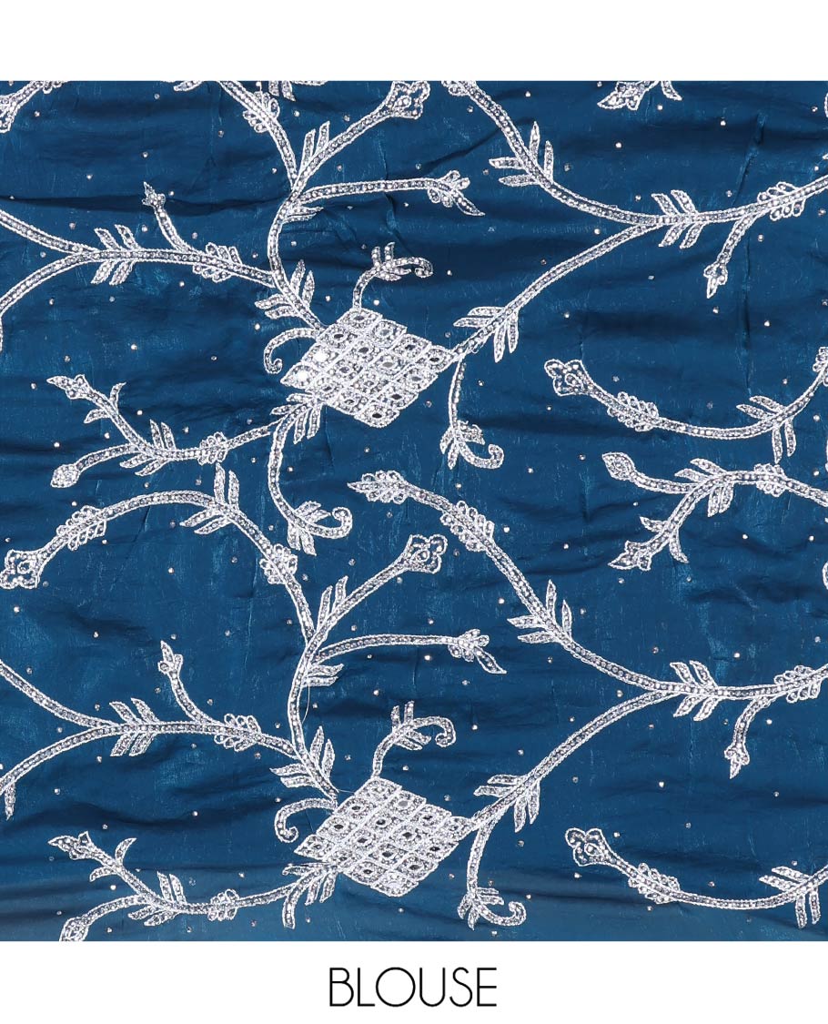 Blue Designer Saree, Richly Detailed with Floral-Jaal Style Mixed Embroidery on Its Body, Highlighted by Jaal-Patterned Scallop Embroidered Border, Self-Design Pallu, and Paired with a Heavy Embroidered Matching Blouse - Image 5