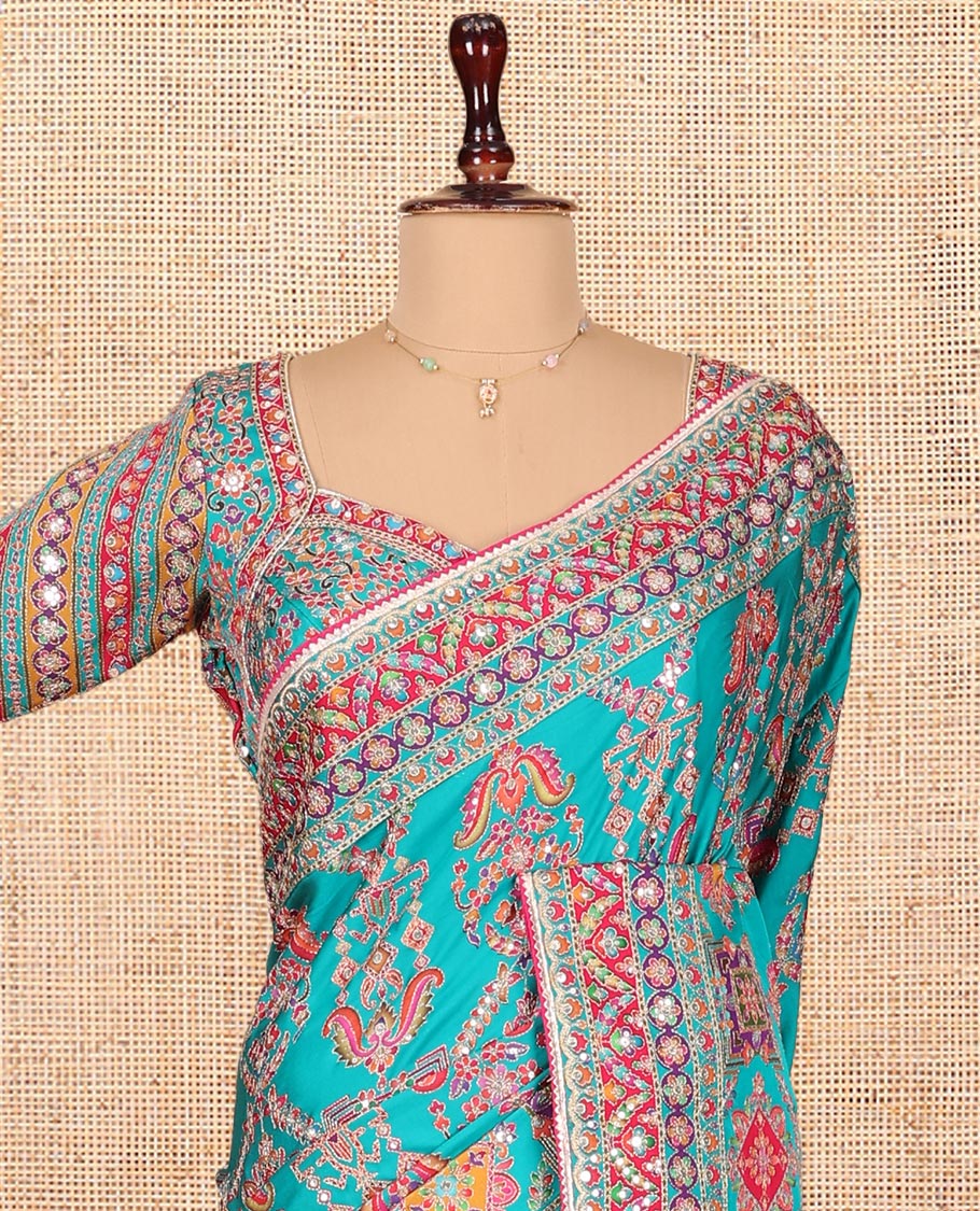 Blue Dola Silk Saree, Adorned with Intricate Designs on Its Body, Highlighted by Mughal-Style Patterns Printed Border, Intricately Designed Pallu, and Paired with a Sweet Heart Elbow Sleeve Blouse - Image 2
