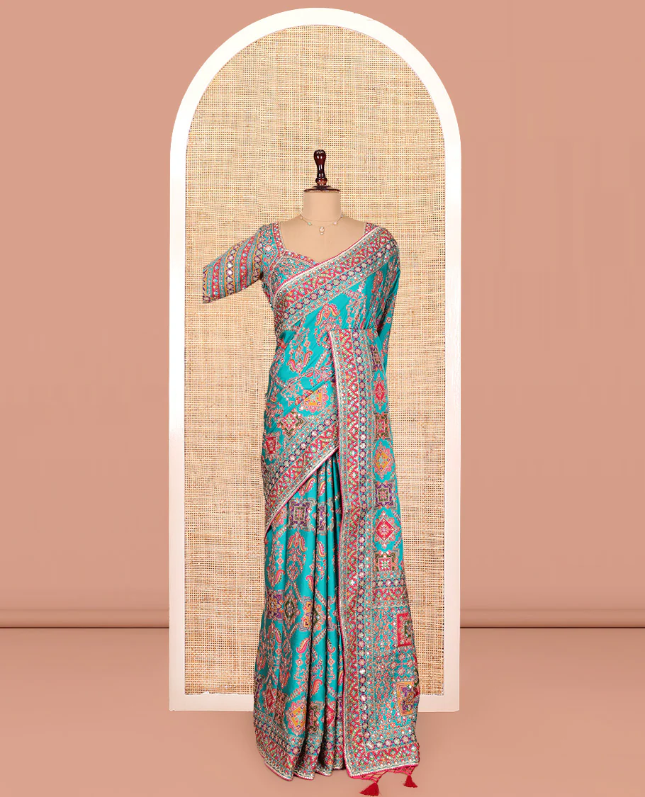 Blue Dola Silk Saree, Adorned with Intricate Designs on Its Body, Highlighted by Mughal-Style Patterns Printed Border, Intricately Designed Pallu, and Paired with a Sweet Heart Elbow Sleeve Blouse - Image 3