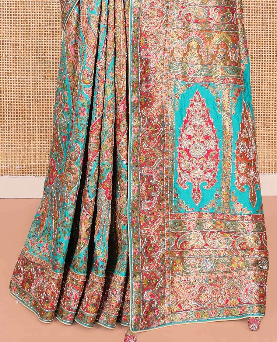 Blue Dola Silk Saree, Beautifully Bedecked with Colorful Floral-Paisley Design on Its Body, Complemented by Contrast Paisley Border, Pallu of Mughal-Style Design, and Paired with a Matching Blouse - Image 4