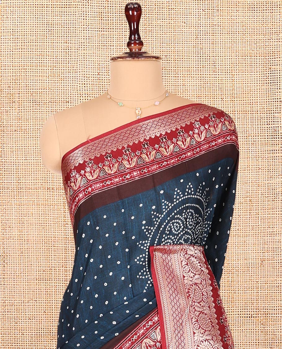 Blue Dola Silk Saree, Detailed with Bandhani Dots on Its Body, Complemented by Contrast Border, Zari Striped  Pallu, and Paired with a Contrast Blouse - Image 2