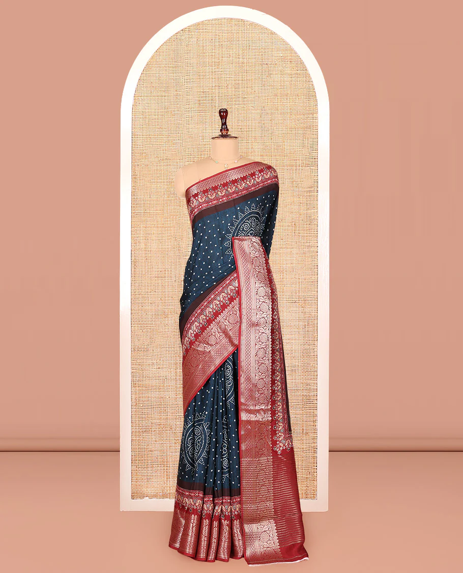Blue Dola Silk Saree, Detailed with Bandhani Dots on Its Body, Complemented by Contrast Border, Zari Striped  Pallu, and Paired with a Contrast Blouse - Image 3