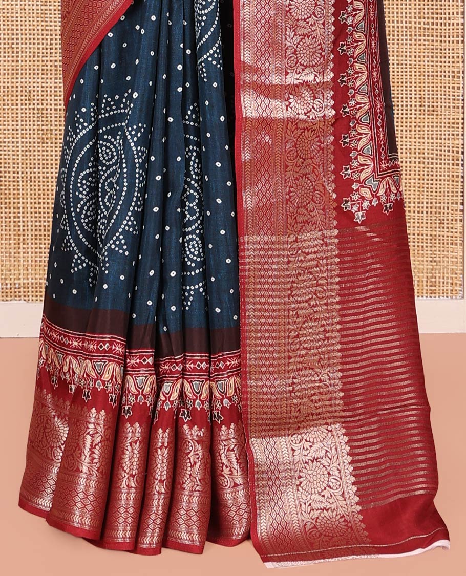 Blue Dola Silk Saree, Detailed with Bandhani Dots on Its Body, Complemented by Contrast Border, Zari Striped  Pallu, and Paired with a Contrast Blouse - Image 4