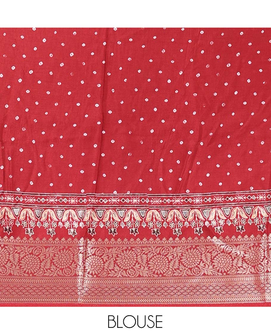 Blue Dola Silk Saree, Detailed with Bandhani Dots on Its Body, Complemented by Contrast Border, Zari Striped  Pallu, and Paired with a Contrast Blouse - Image 5