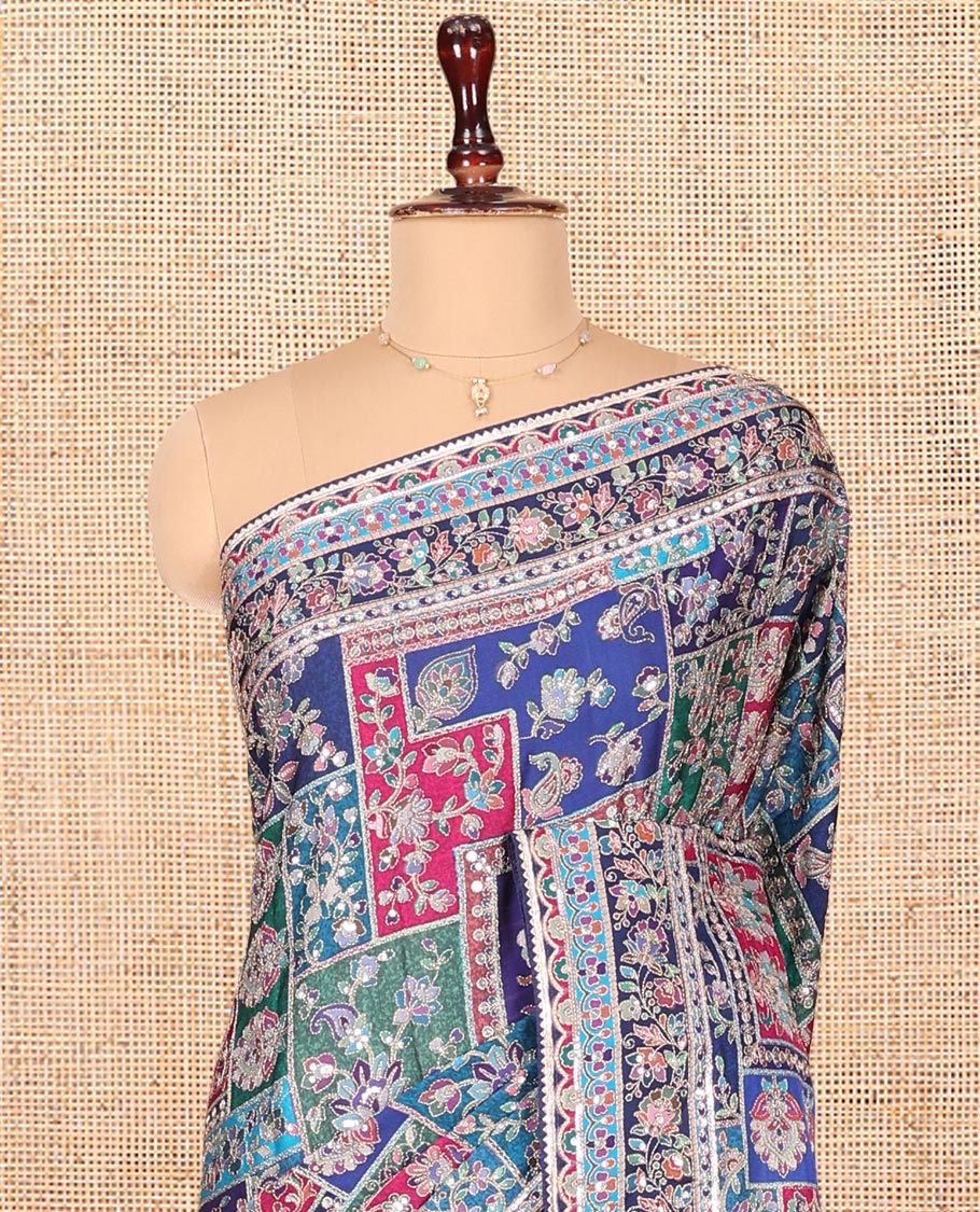 Blue Dola Silk Saree, Elegantly Highlighted with Floral and Paisley Design on Its Body, Highlighted by Intricate Floral Border, Pallu of Floral and Paisley Design, and Paired with a Matching Blouse - Image 2