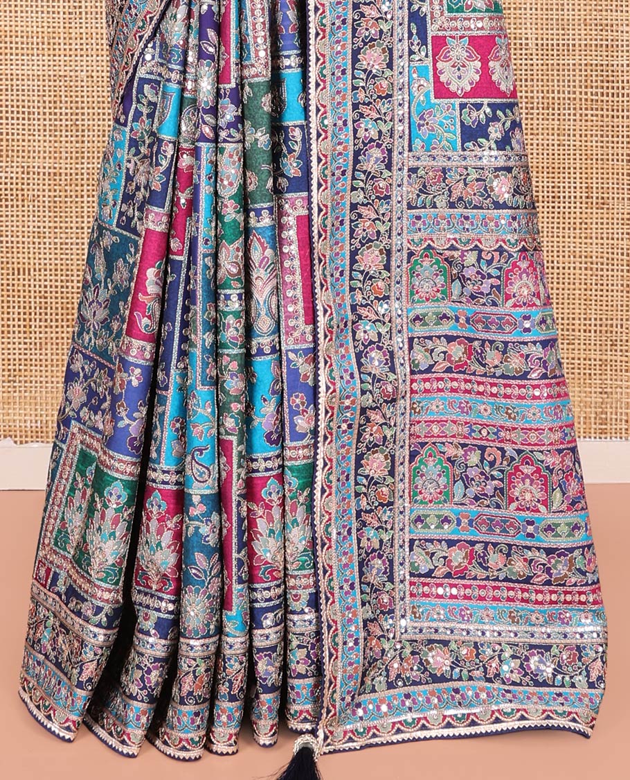 Blue Dola Silk Saree, Elegantly Highlighted with Floral and Paisley Design on Its Body, Highlighted by Intricate Floral Border, Pallu of Floral and Paisley Design, and Paired with a Matching Blouse - Image 4