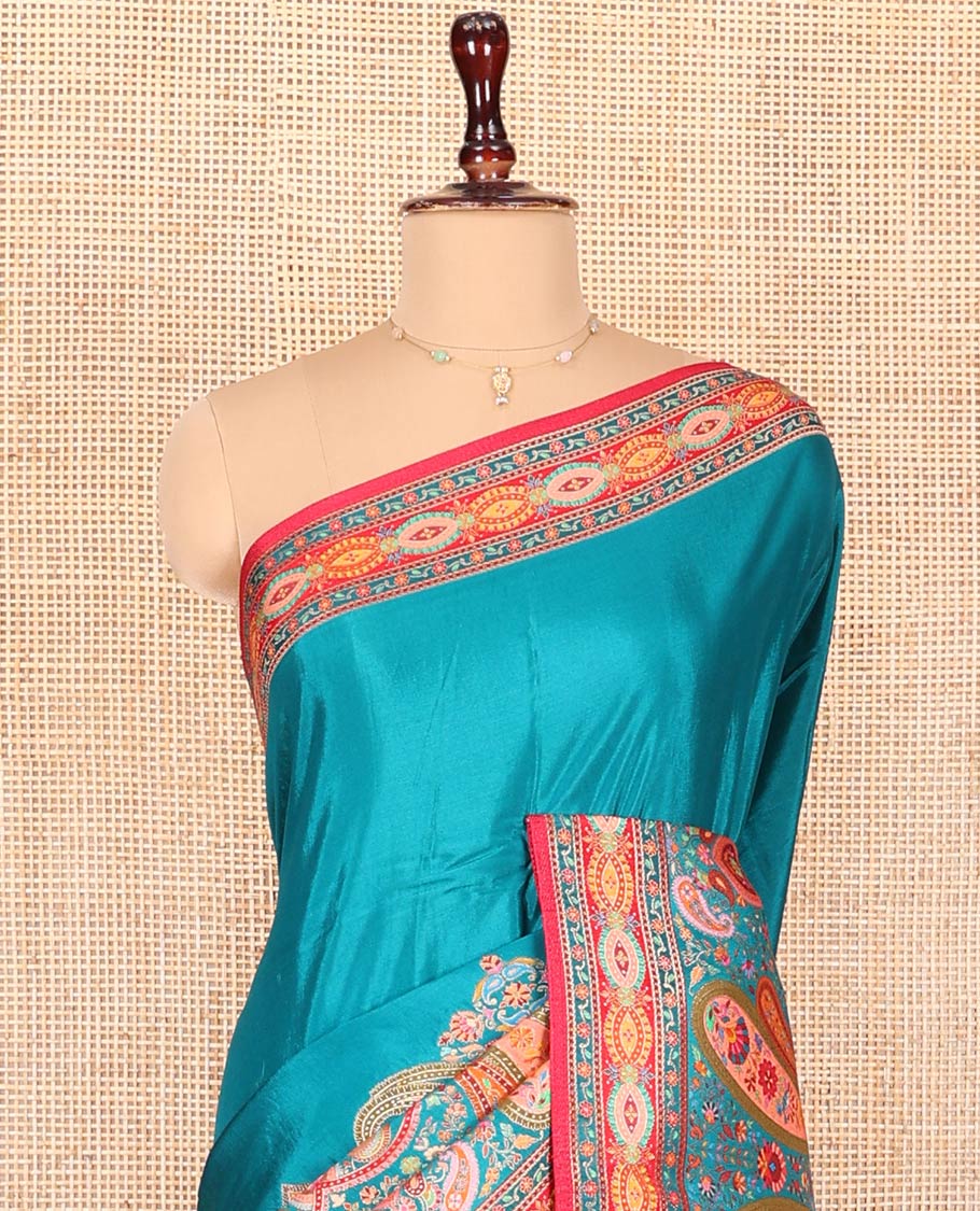 Blue Dola Silk Saree, Finely Crafted with Colorful Paisley Motifs Printed on Its Body, Complemented by Contrast-Printed Border, Pallu of Paisley Print, and Paired with a Contrast Blouse - Image 2