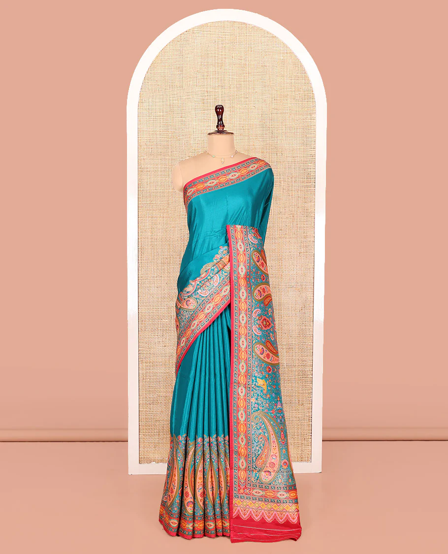 Blue Dola Silk Saree, Finely Crafted with Colorful Paisley Motifs Printed on Its Body, Complemented by Contrast-Printed Border, Pallu of Paisley Print, and Paired with a Contrast Blouse - Image 3