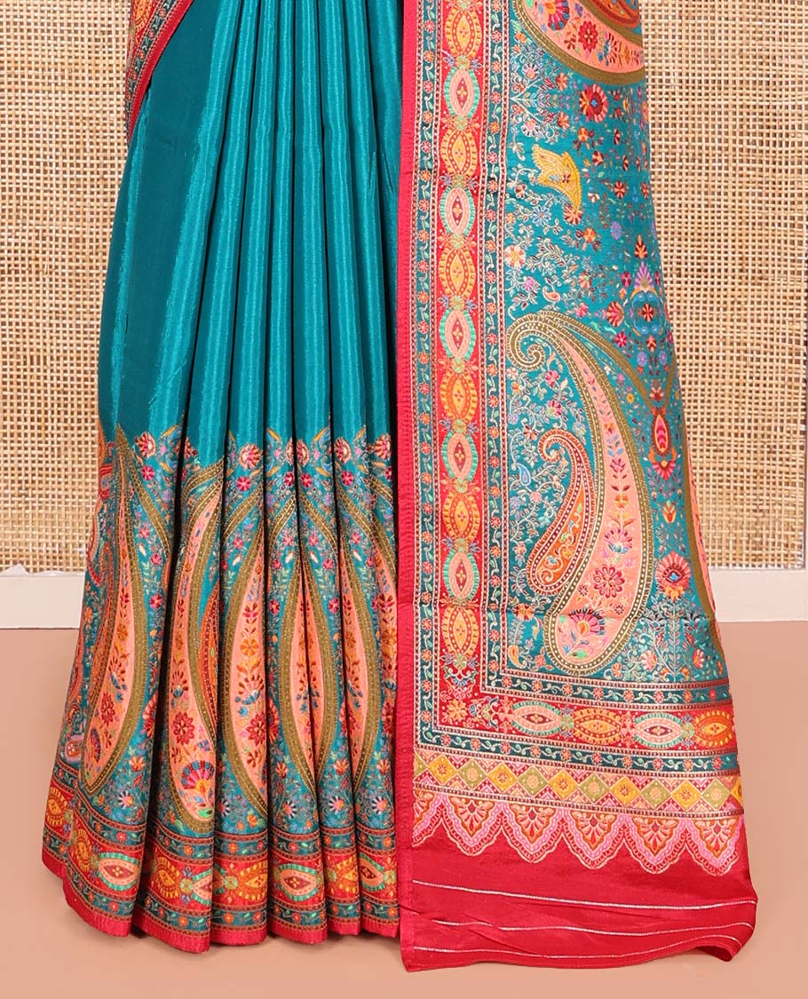 Blue Dola Silk Saree, Finely Crafted with Colorful Paisley Motifs Printed on Its Body, Complemented by Contrast-Printed Border, Pallu of Paisley Print, and Paired with a Contrast Blouse - Image 4