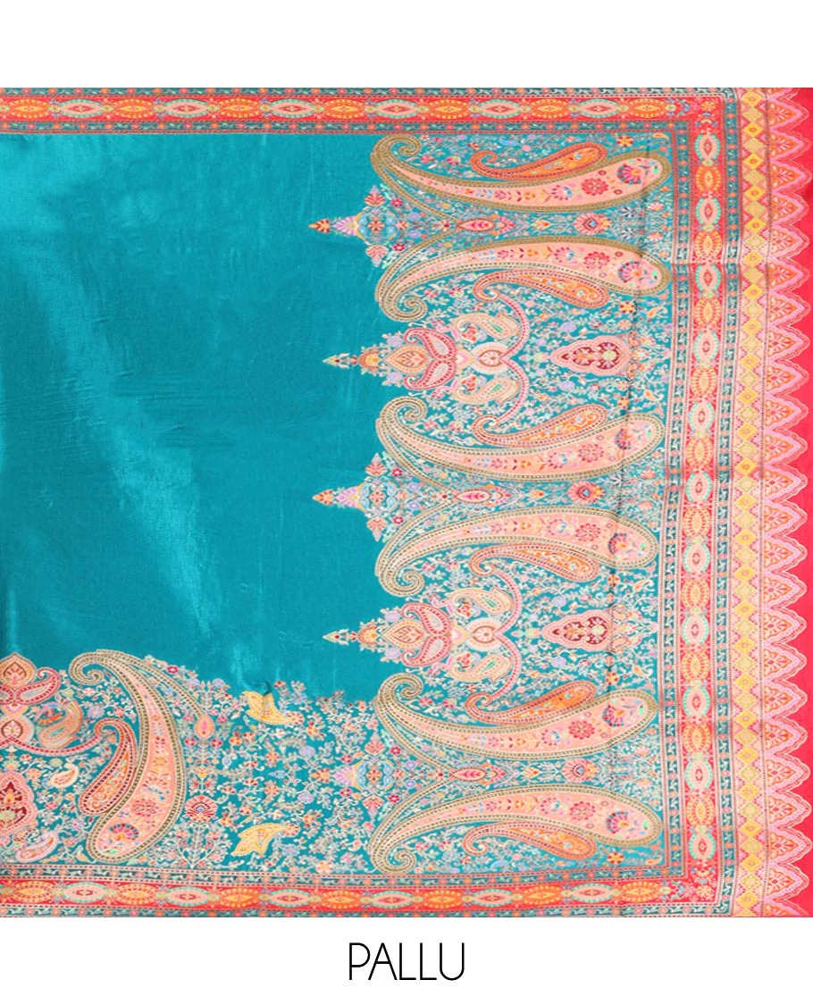 Blue Dola Silk Saree, Finely Crafted with Colorful Paisley Motifs Printed on Its Body, Complemented by Contrast-Printed Border, Pallu of Paisley Print, and Paired with a Contrast Blouse - Image 5
