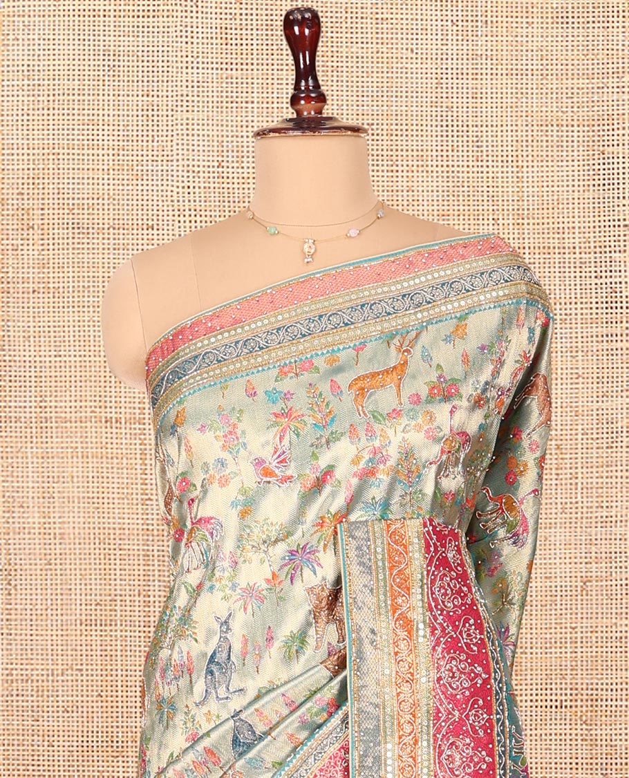 Blue Dola Silk Saree, Gracefully Embellished with Floral and Fauna Design on Its Body, Highlighted by Traditional Motif Stone Work Border, Pallu of Paisley Design, and Paired with a Contrast Blouse - Image 2