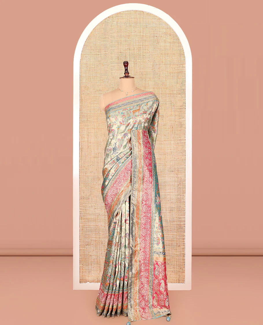 Blue Dola Silk Saree, Gracefully Embellished with Floral and Fauna Design on Its Body, Highlighted by Traditional Motif Stone Work Border, Pallu of Paisley Design, and Paired with a Contrast Blouse - Image 3