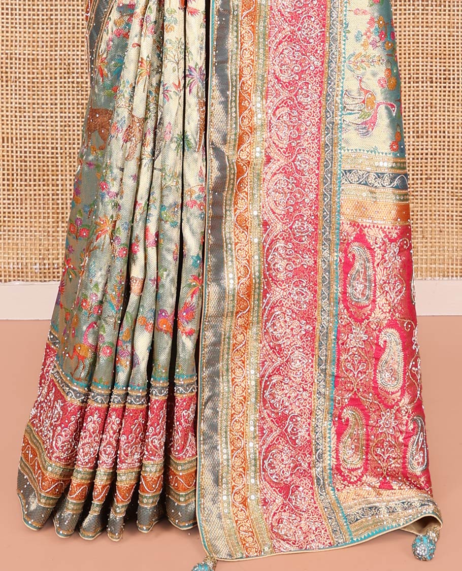 Blue Dola Silk Saree, Gracefully Embellished with Floral and Fauna Design on Its Body, Highlighted by Traditional Motif Stone Work Border, Pallu of Paisley Design, and Paired with a Contrast Blouse - Image 4