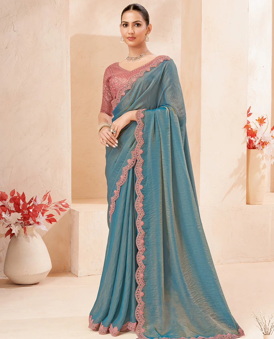 Blue Dual-tone Plain Designer Saree, Scallop Embroidered Border, a Self-Pallu, and Paired with a Contrast Intricately Embroidered Blouse