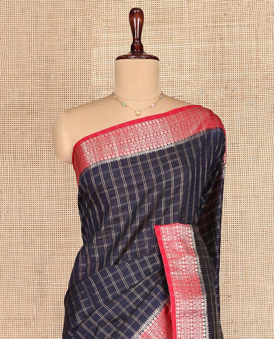 Blue Dupion Silk Saree, Beautified with Zari Micro-Checks, Complemented by a Contrast Traditional Zari Design Border, Zari Striped Pallu, and a Contrast Blouse - Image 2