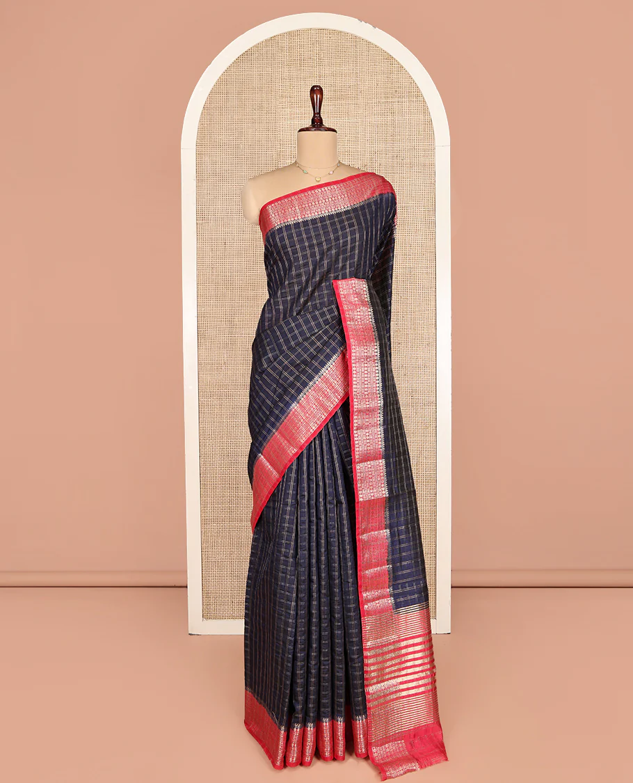 Blue Dupion Silk Saree, Beautified with Zari Micro-Checks, Complemented by a Contrast Traditional Zari Design Border, Zari Striped Pallu, and a Contrast Blouse - Image 3